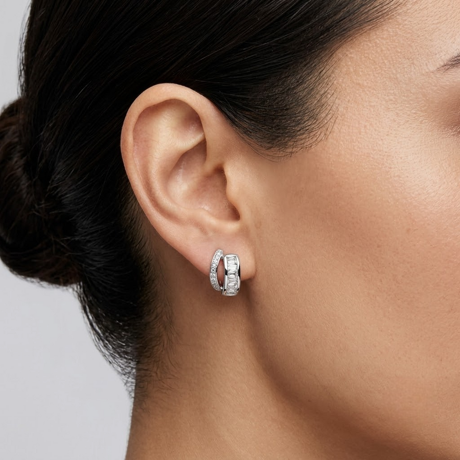 925 Sterling Silver Baguette CZ Half Hoop Stud Earrings for Women