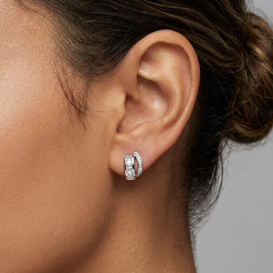 925 Sterling Silver Baguette CZ Half Hoop Stud Earrings for Women