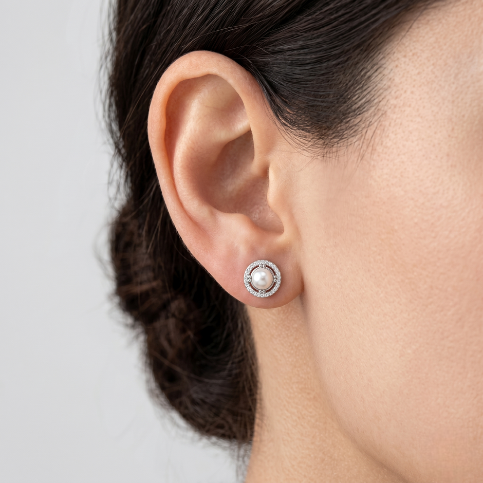 Classic Pearl Halo 925 Sterling Silver Stud Earrings for Women