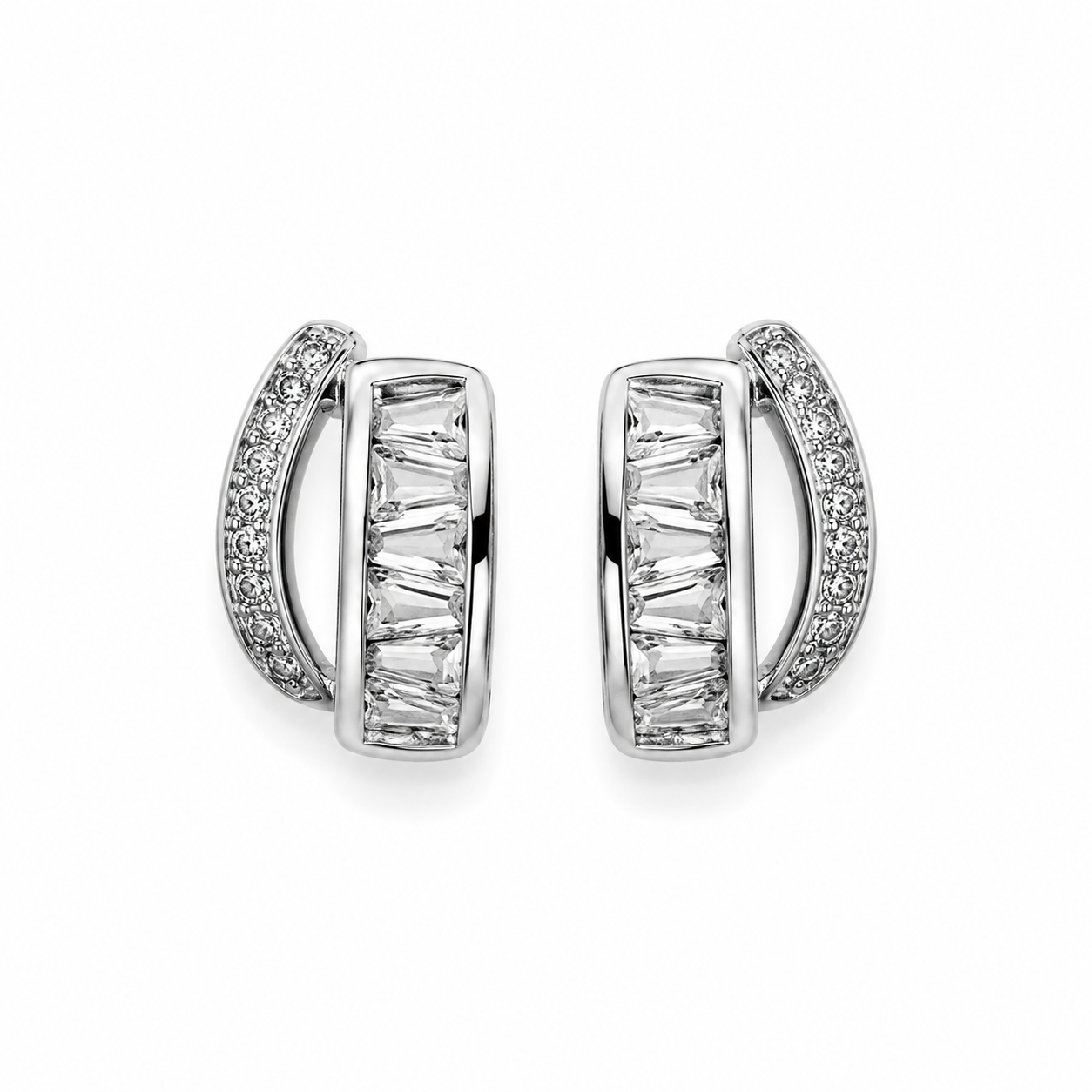 925 Sterling Silver Baguette CZ Half Hoop Stud Earrings for Women