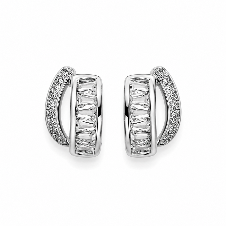 925 Sterling Silver Baguette CZ Half Hoop Stud Earrings for Women