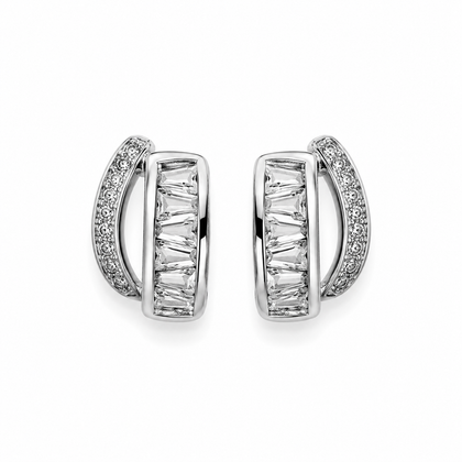 925 Sterling Silver Baguette CZ Half Hoop Stud Earrings for Women