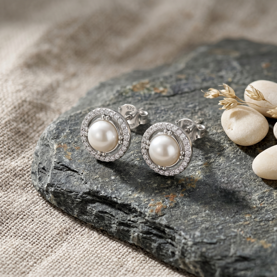 Classic Pearl Halo 925 Sterling Silver Stud Earrings for Women