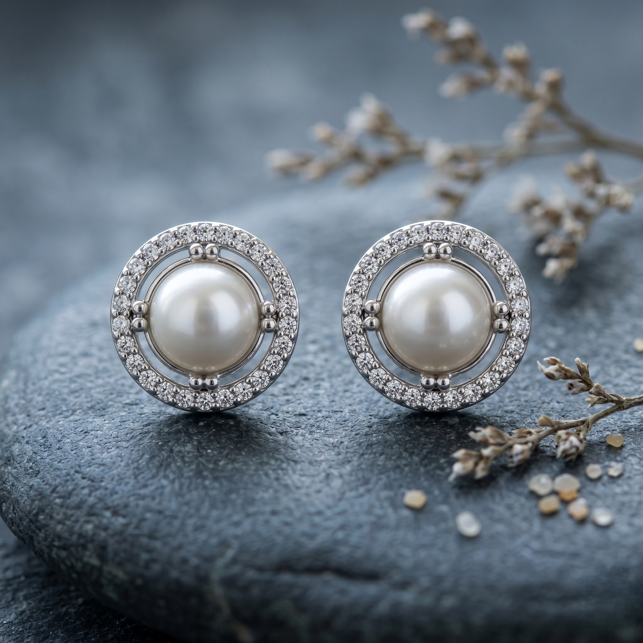 Classic Pearl Halo 925 Sterling Silver Stud Earrings for Women