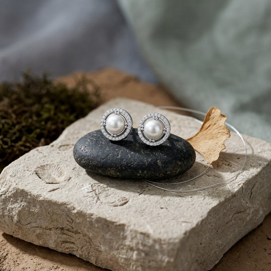 Classic Pearl Halo 925 Sterling Silver Stud Earrings for Women