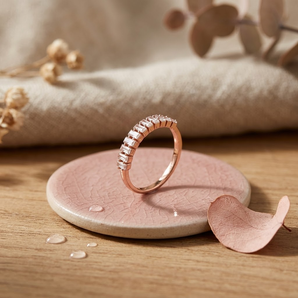 925 Sterling Silver Rose Gold Baguette CZ Eternity Band Ring.