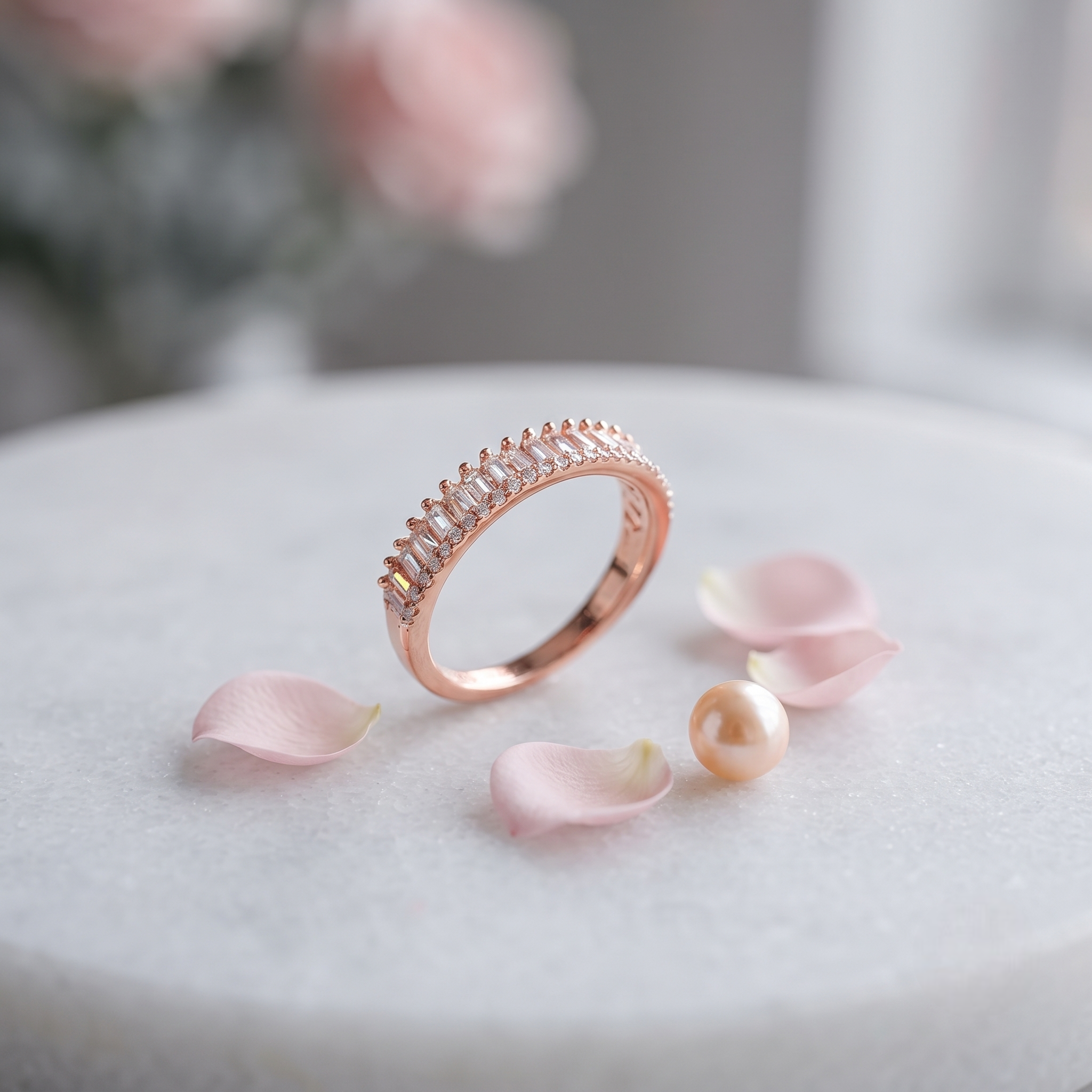 925 Sterling Silver Rose Gold Baguette CZ Half Eternity Band Ring