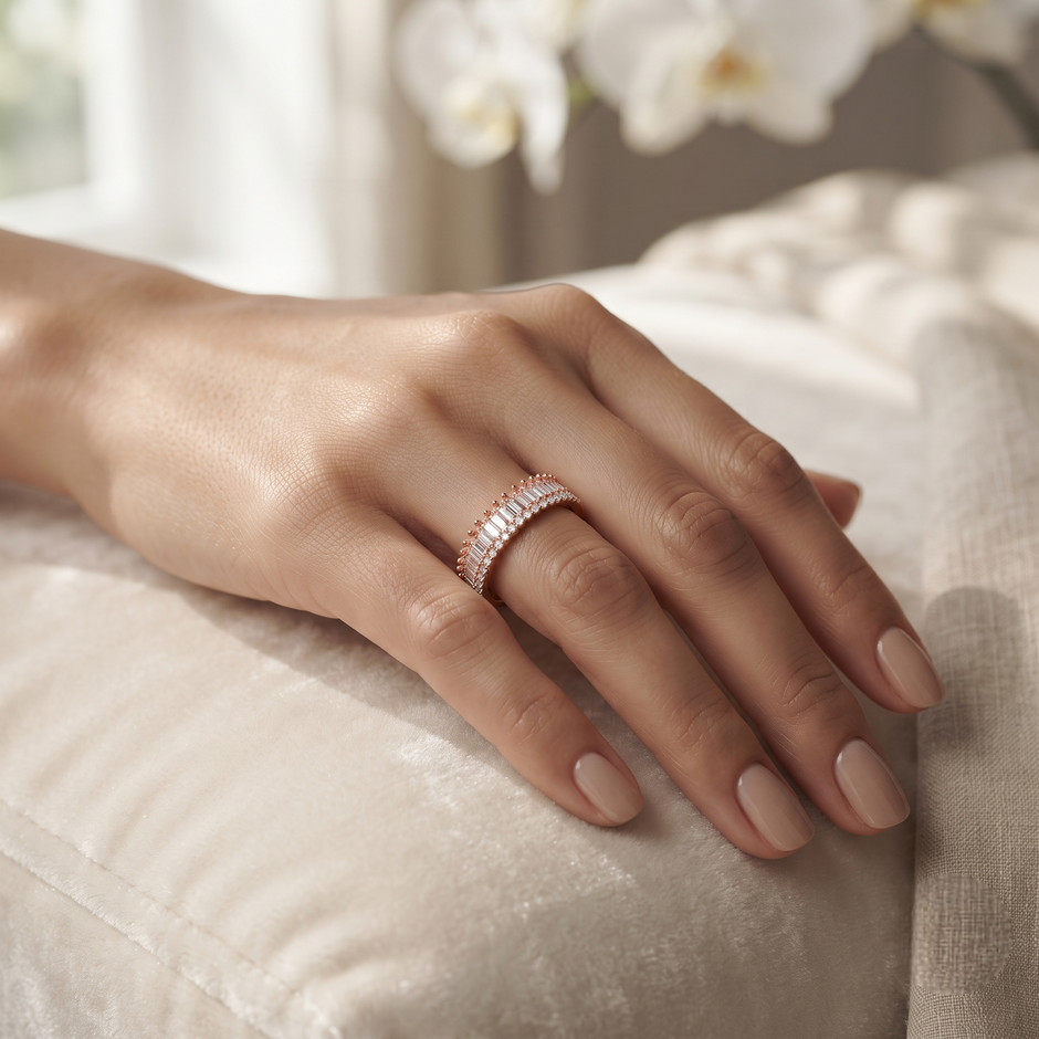 925 Sterling Silver Rose Gold Baguette CZ Half Eternity Band Ring