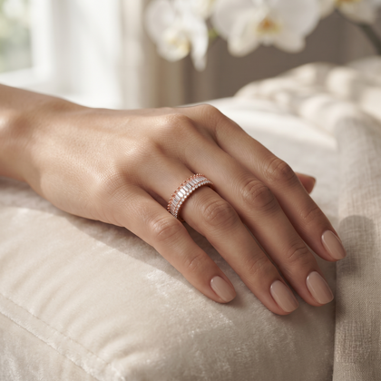 925 Sterling Silver Rose Gold Baguette CZ Half Eternity Band Ring