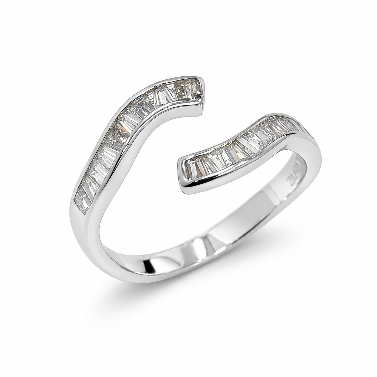 925 Sterling Silver Open Ring with Curved Baguette Cut CZ Stones.