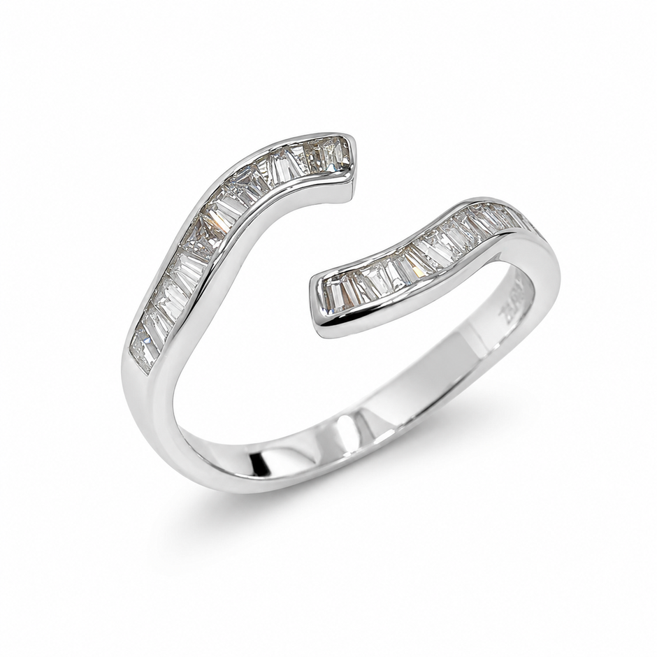 925 Sterling Silver Open Ring with Curved Baguette Cut CZ Stones.