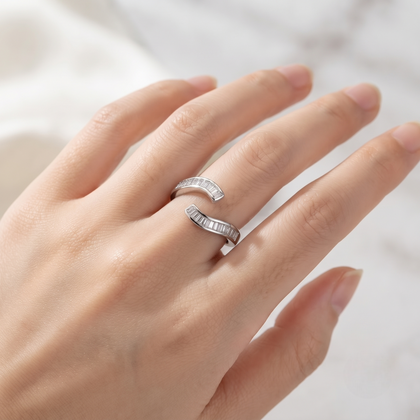 925 Sterling Silver Open Ring with Curved Baguette Cut CZ Stones.