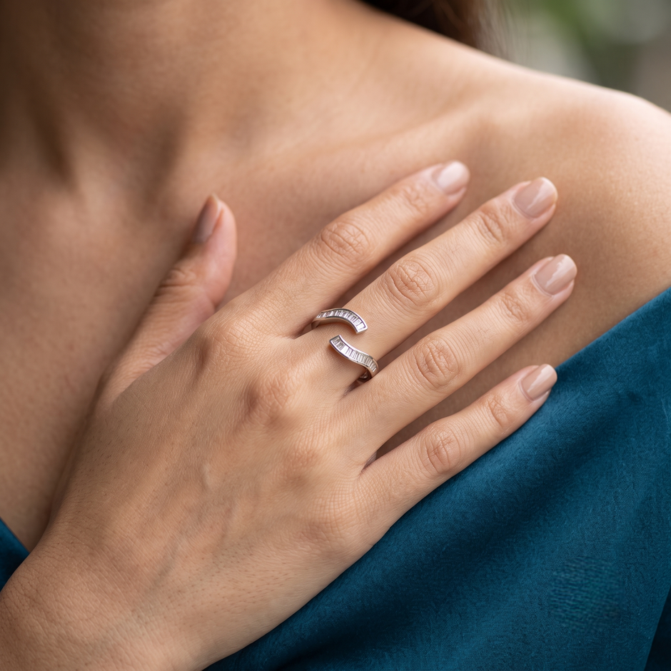 925 Sterling Silver Open Ring with Curved Baguette Cut CZ Stones.