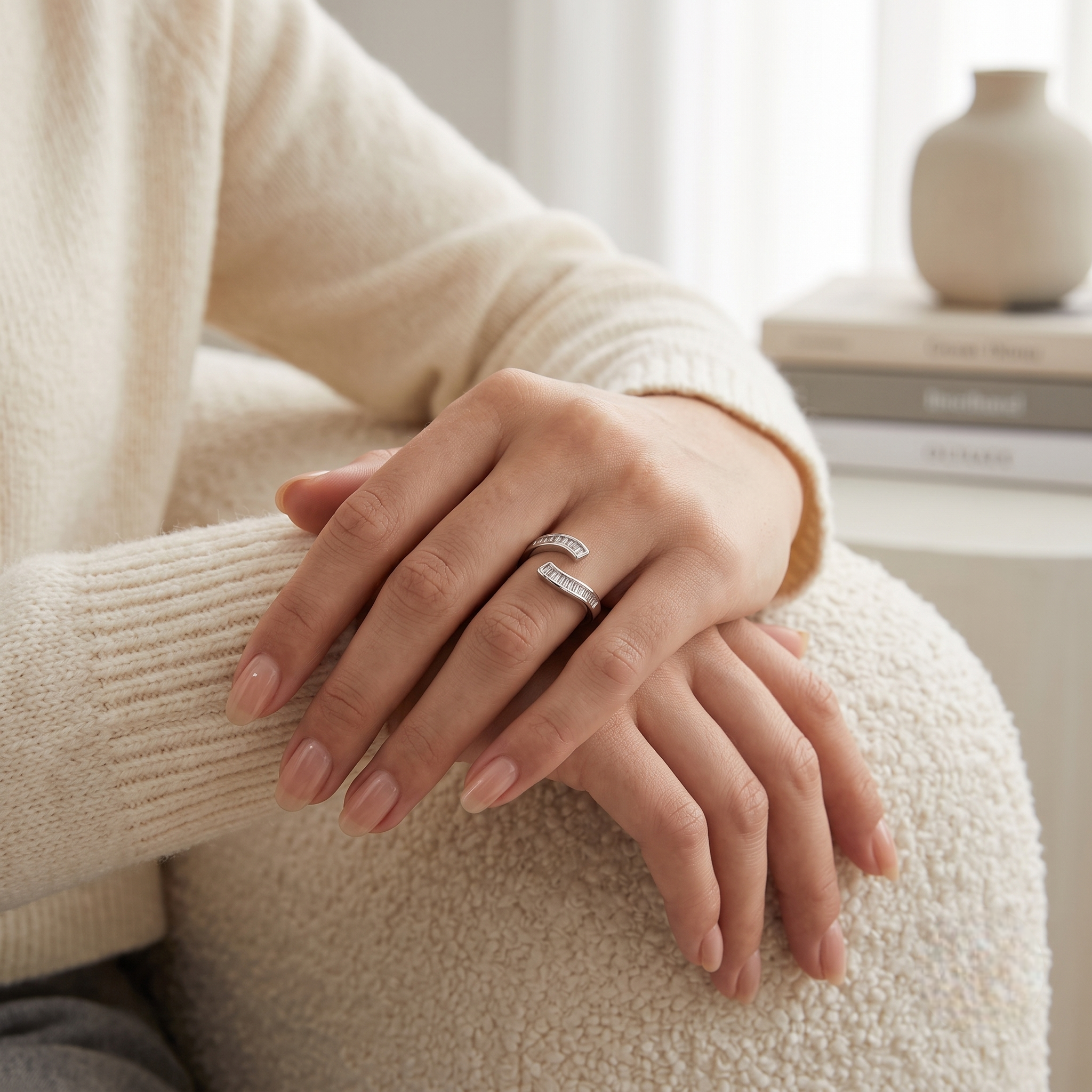 925 Sterling Silver Open Ring with Curved Baguette Cut CZ Stones.