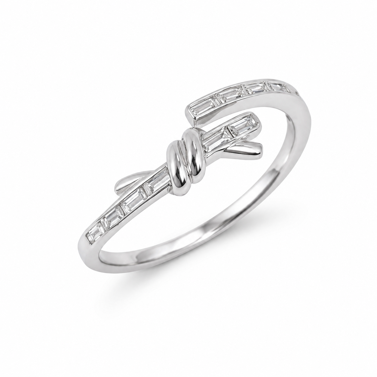 925 Sterling Silver Knot Open Baguette CZ Ring for Women