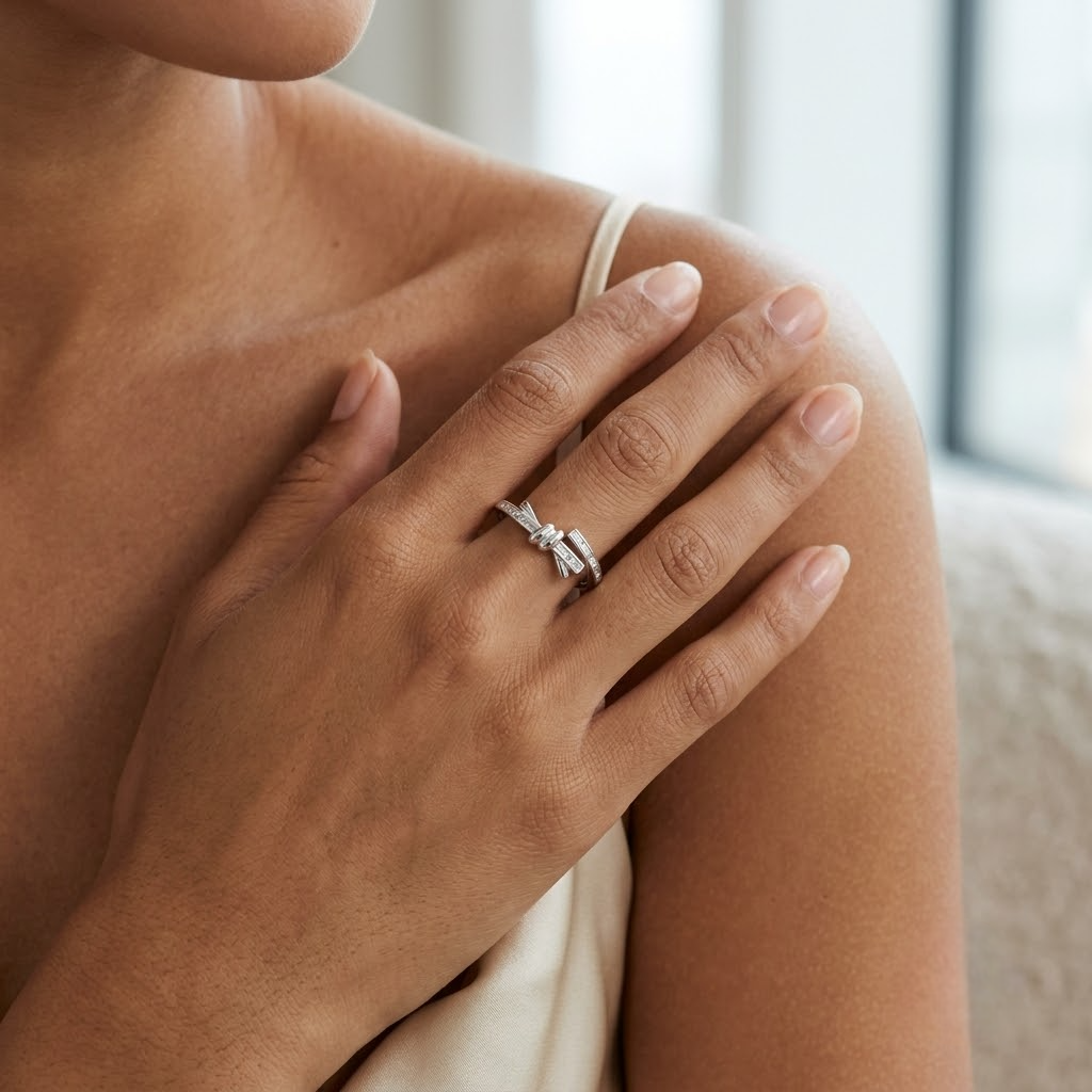 925 Sterling Silver Knot Open Baguette CZ Ring for Women