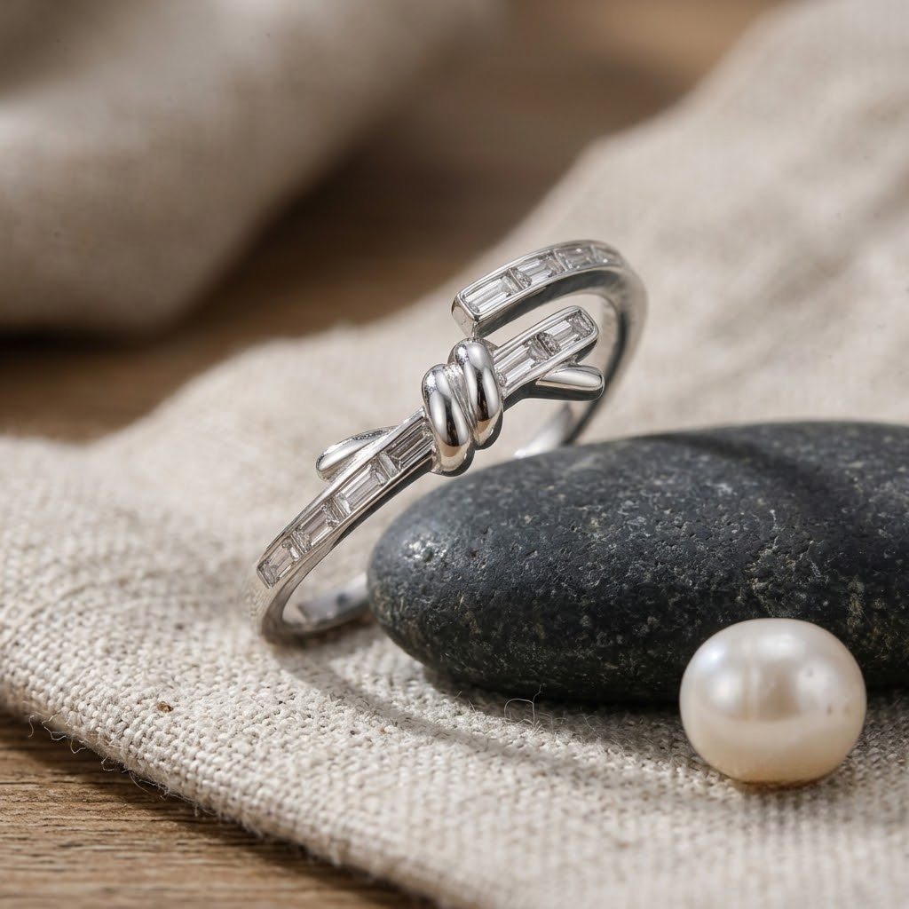 925 Sterling Silver Knot Open Baguette CZ Ring for Women