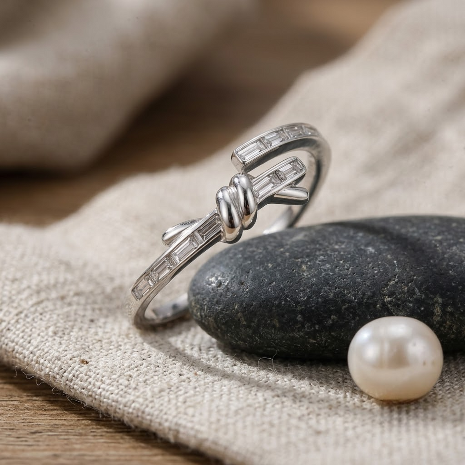 925 Sterling Silver Knot Open Baguette CZ Ring for Women