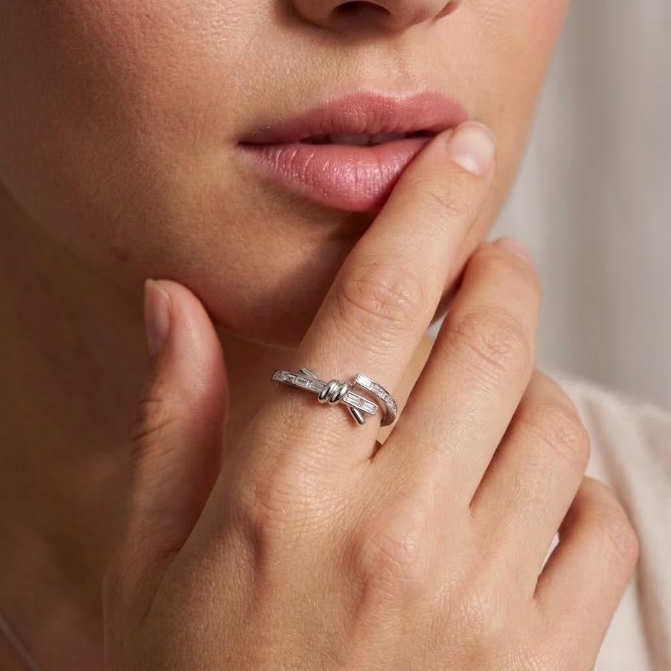 925 Sterling Silver Knot Open Baguette CZ Ring for Women
