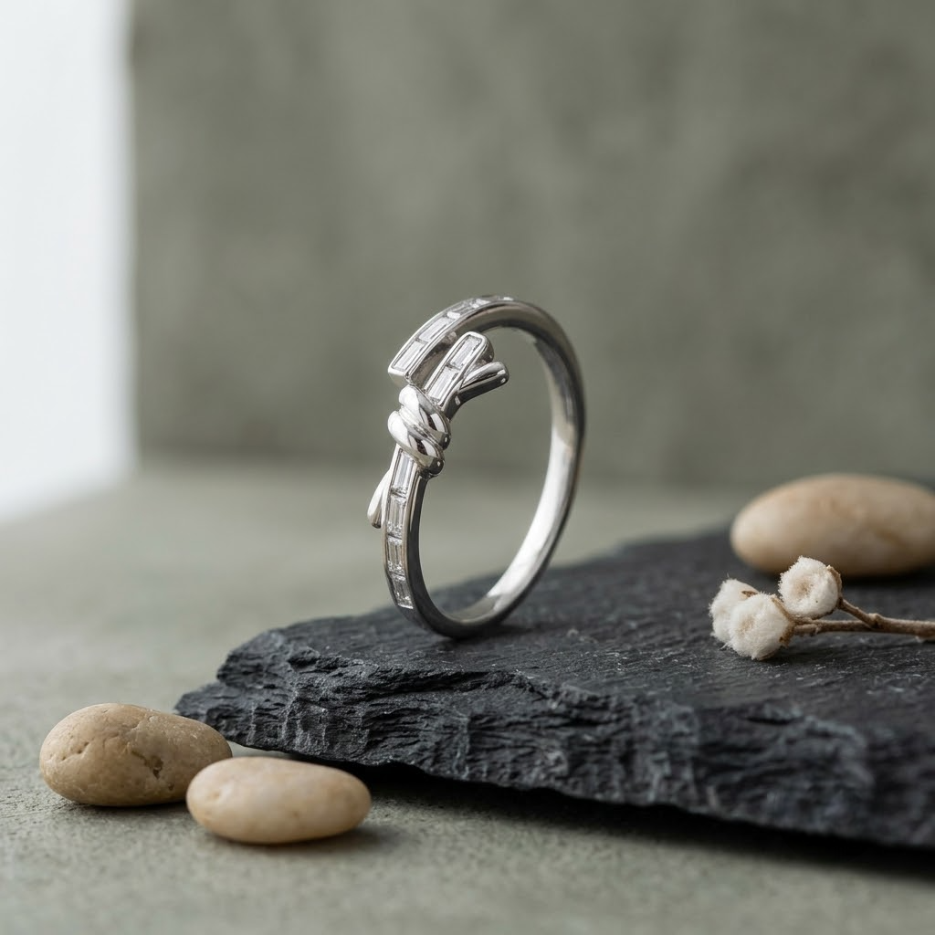 925 Sterling Silver Knot Open Baguette CZ Ring for Women
