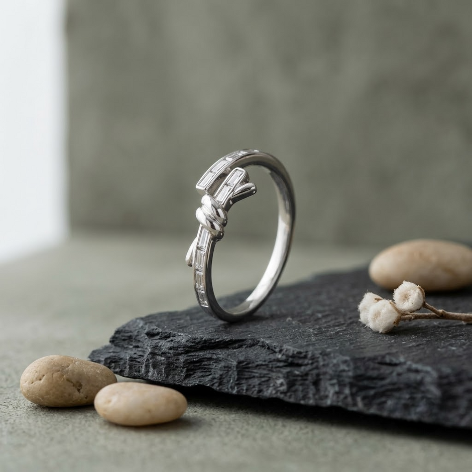 925 Sterling Silver Knot Open Baguette CZ Ring for Women