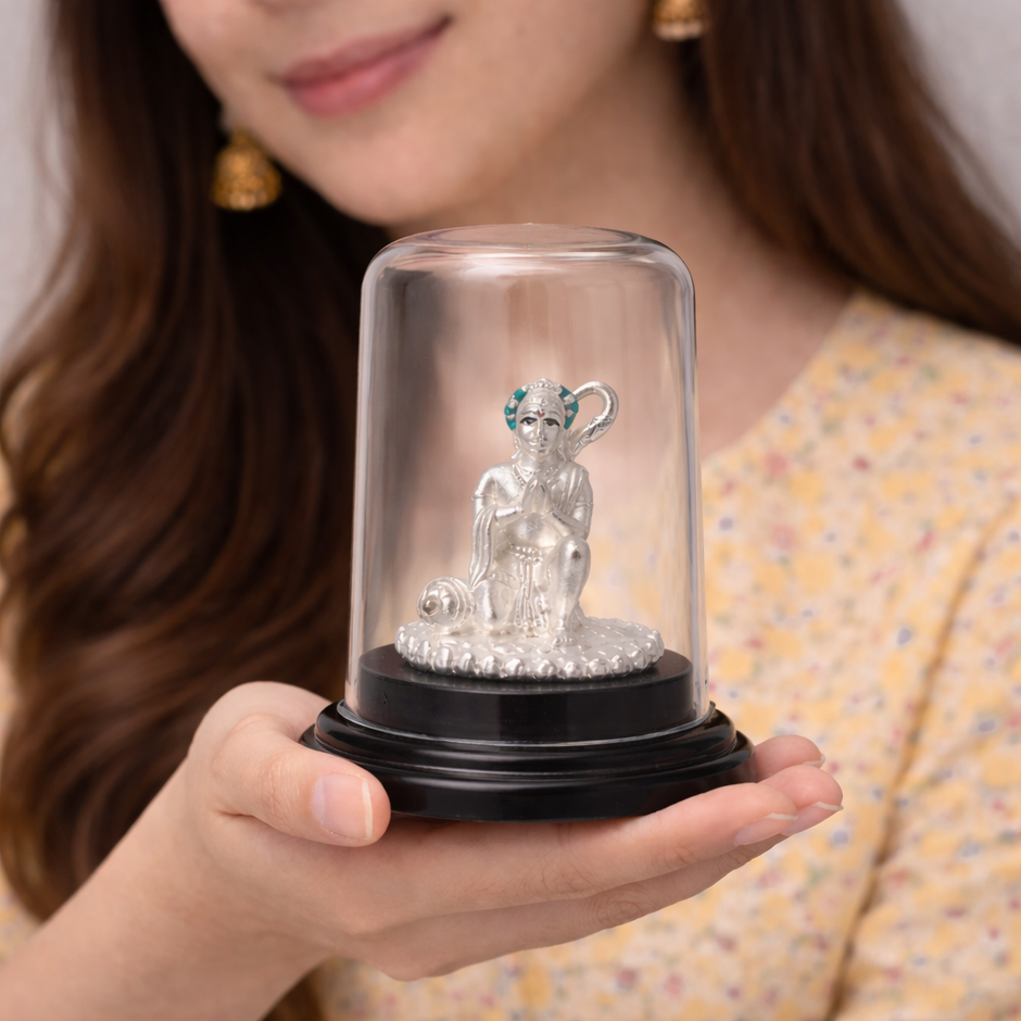 Bajrangbali Idol Silver Murti with Glass Dome