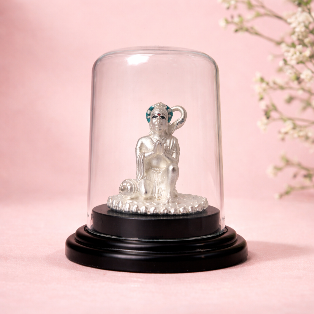 Bajrangbali Idol Silver Murti with Glass Dome