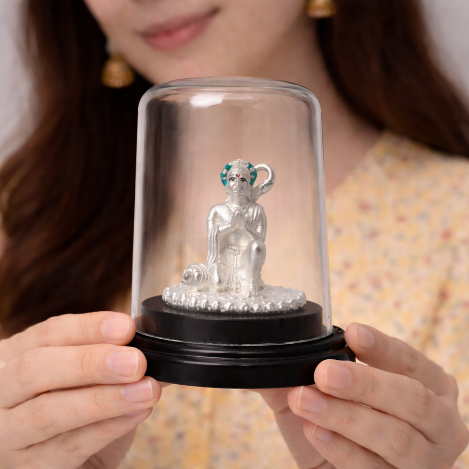 Bajrangbali Idol Silver Murti with Glass Dome