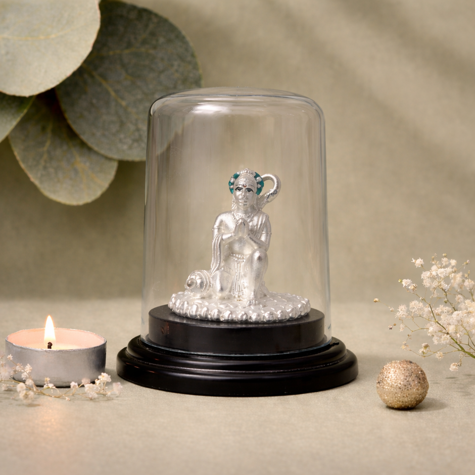 Bajrangbali Idol Silver Murti with Glass Dome