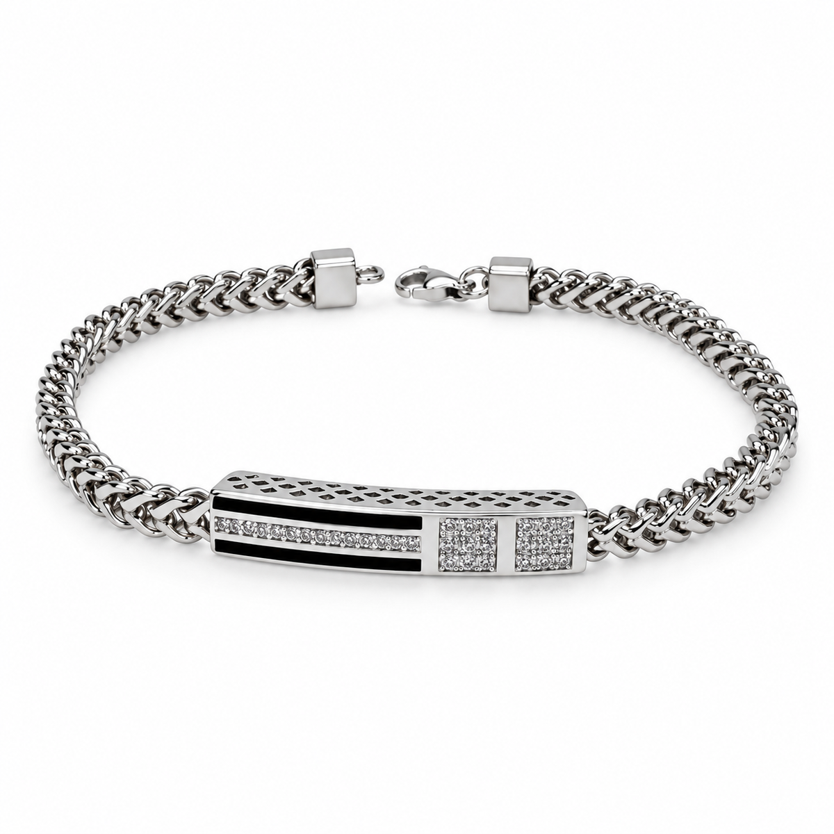 Black Enamel Braided Chain Statement Bracelet for Men 925 Sterling Silver CZ Bracelet