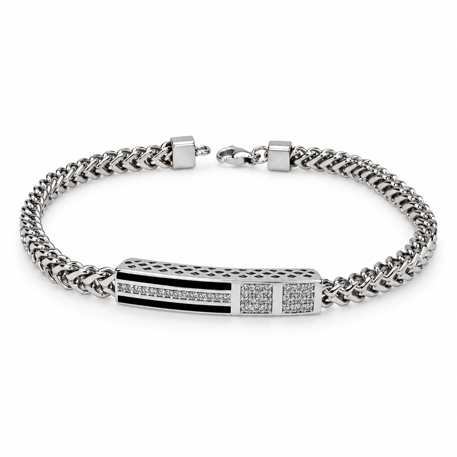 Black Enamel Braided Chain Statement Bracelet for Men 925 Sterling Silver CZ Bracelet