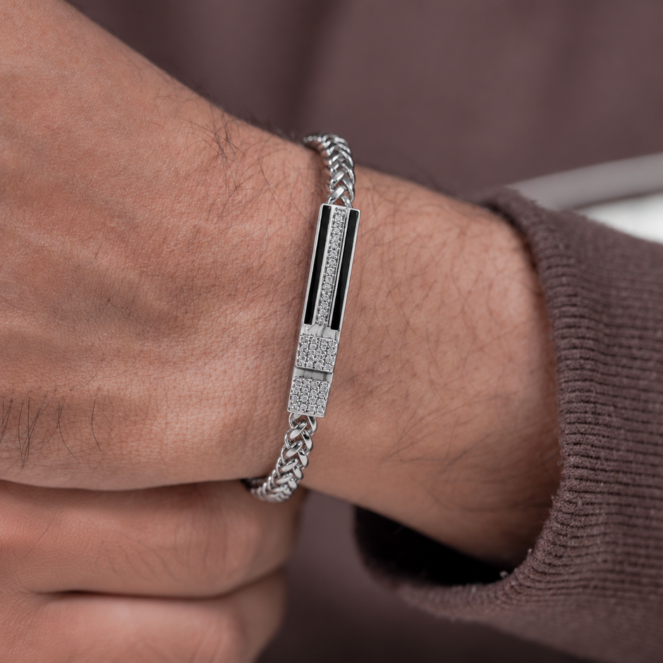 Black Enamel Braided Chain Statement Bracelet for Men 925 Sterling Silver CZ Bracelet