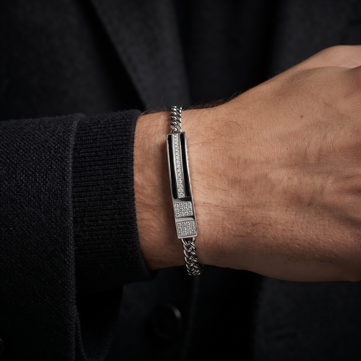 Black Enamel Braided Chain Statement Bracelet for Men 925 Sterling Silver CZ Bracelet