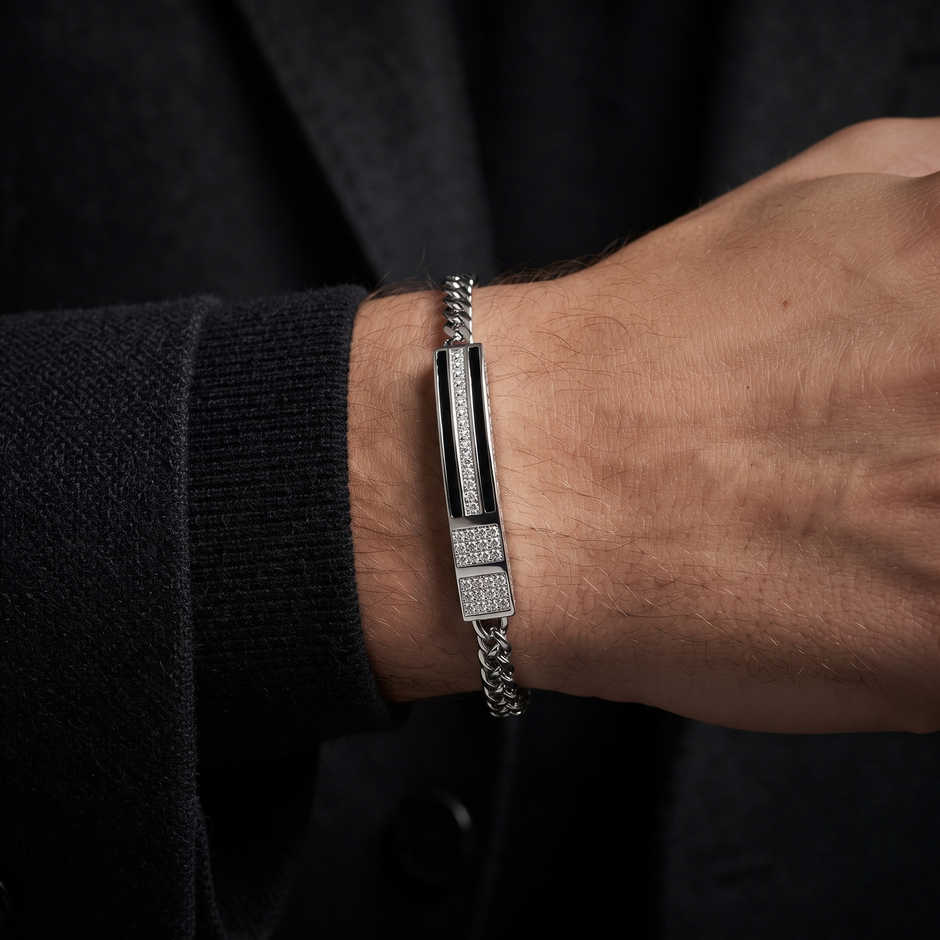 Black Enamel Braided Chain Statement Bracelet for Men 925 Sterling Silver CZ Bracelet