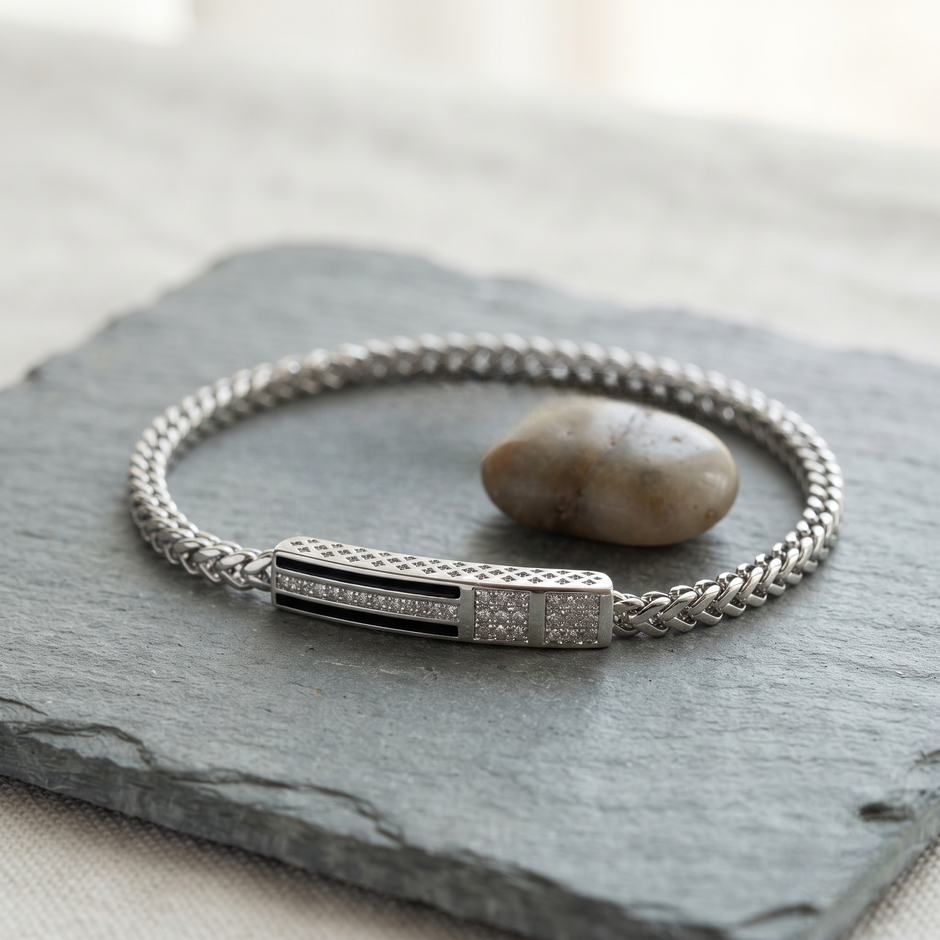 Black Enamel Braided Chain Statement Bracelet for Men 925 Sterling Silver CZ Bracelet
