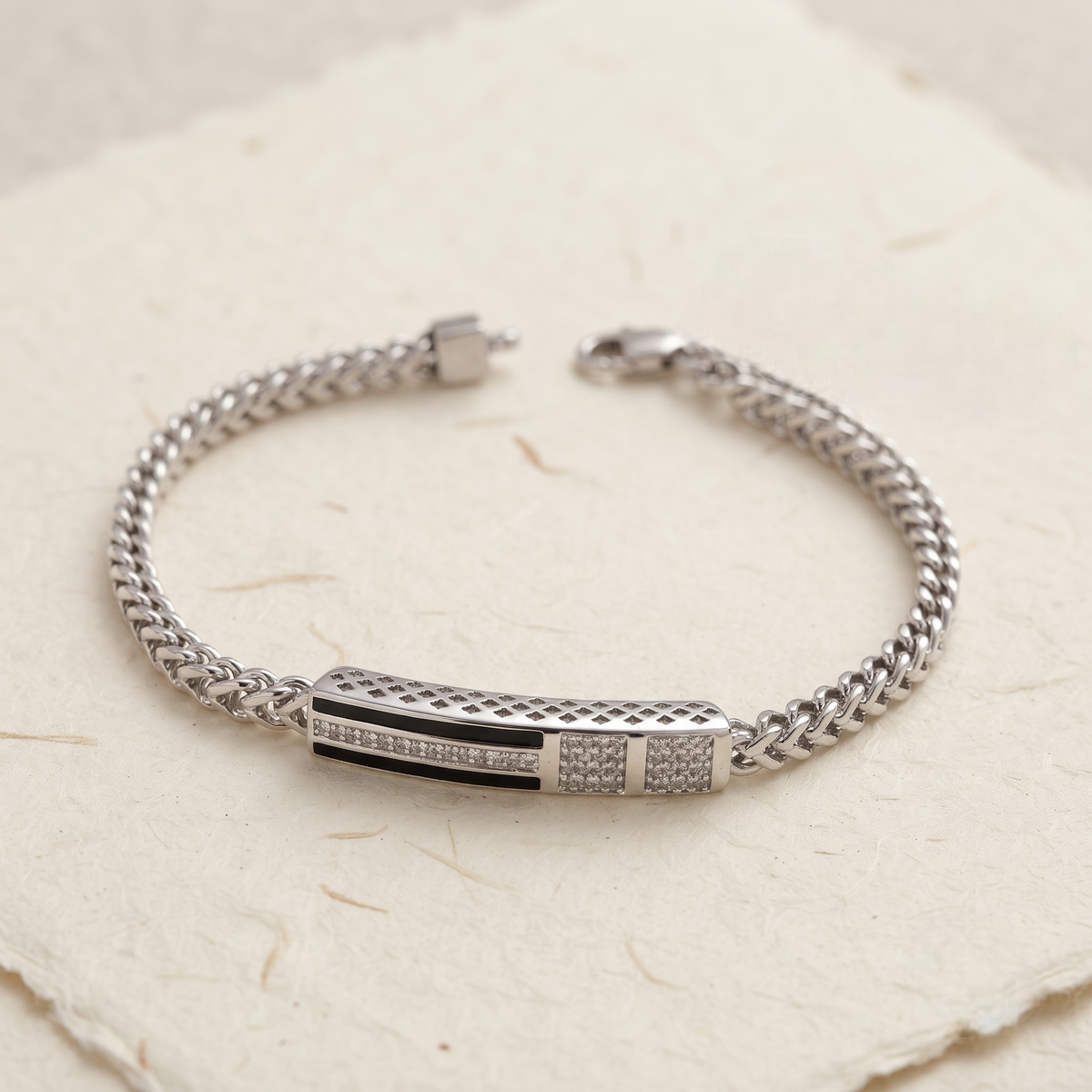 Black Enamel Braided Chain Statement Bracelet for Men 925 Sterling Silver CZ Bracelet