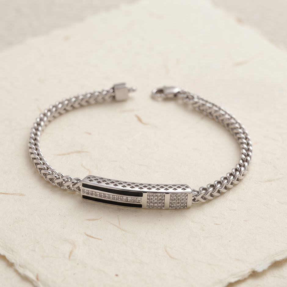 Black Enamel Braided Chain Statement Bracelet for Men 925 Sterling Silver CZ Bracelet