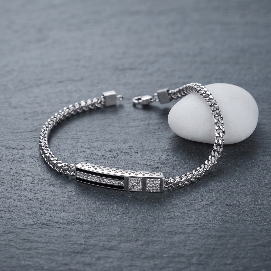 Black Enamel Braided Chain Statement Bracelet for Men 925 Sterling Silver CZ Bracelet