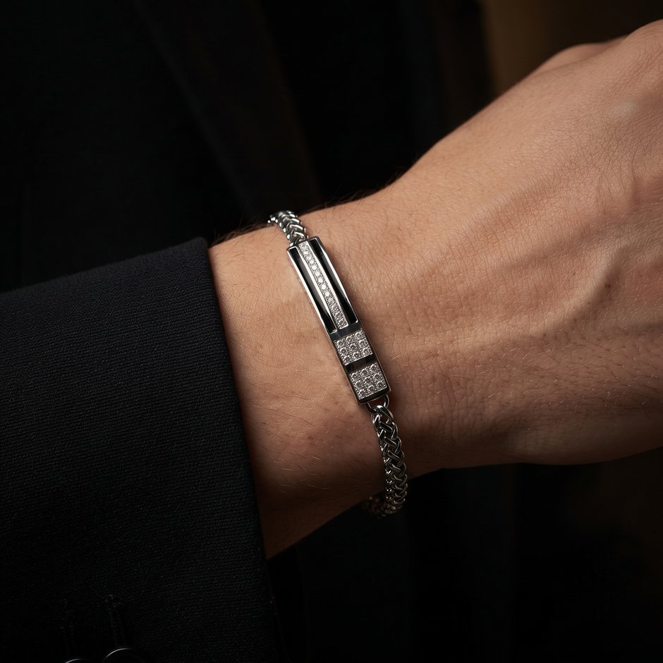 Black Enamel Braided Chain Statement Bracelet for Men 925 Sterling Silver CZ Bracelet