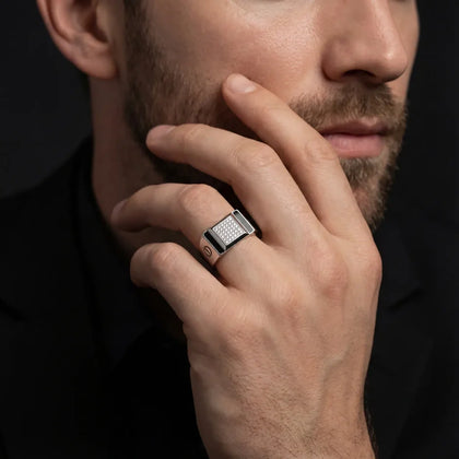 Silver Rectangle Black CZ 925 Sterling Silver Ring for Men
