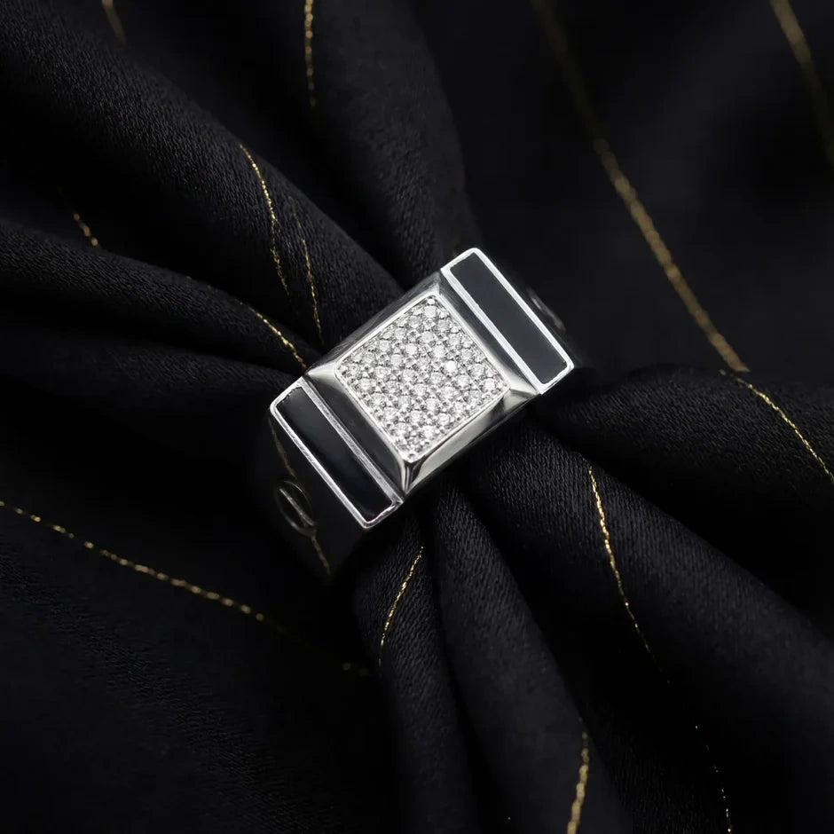 Silver Rectangle Black CZ 925 Sterling Silver Ring for Men

