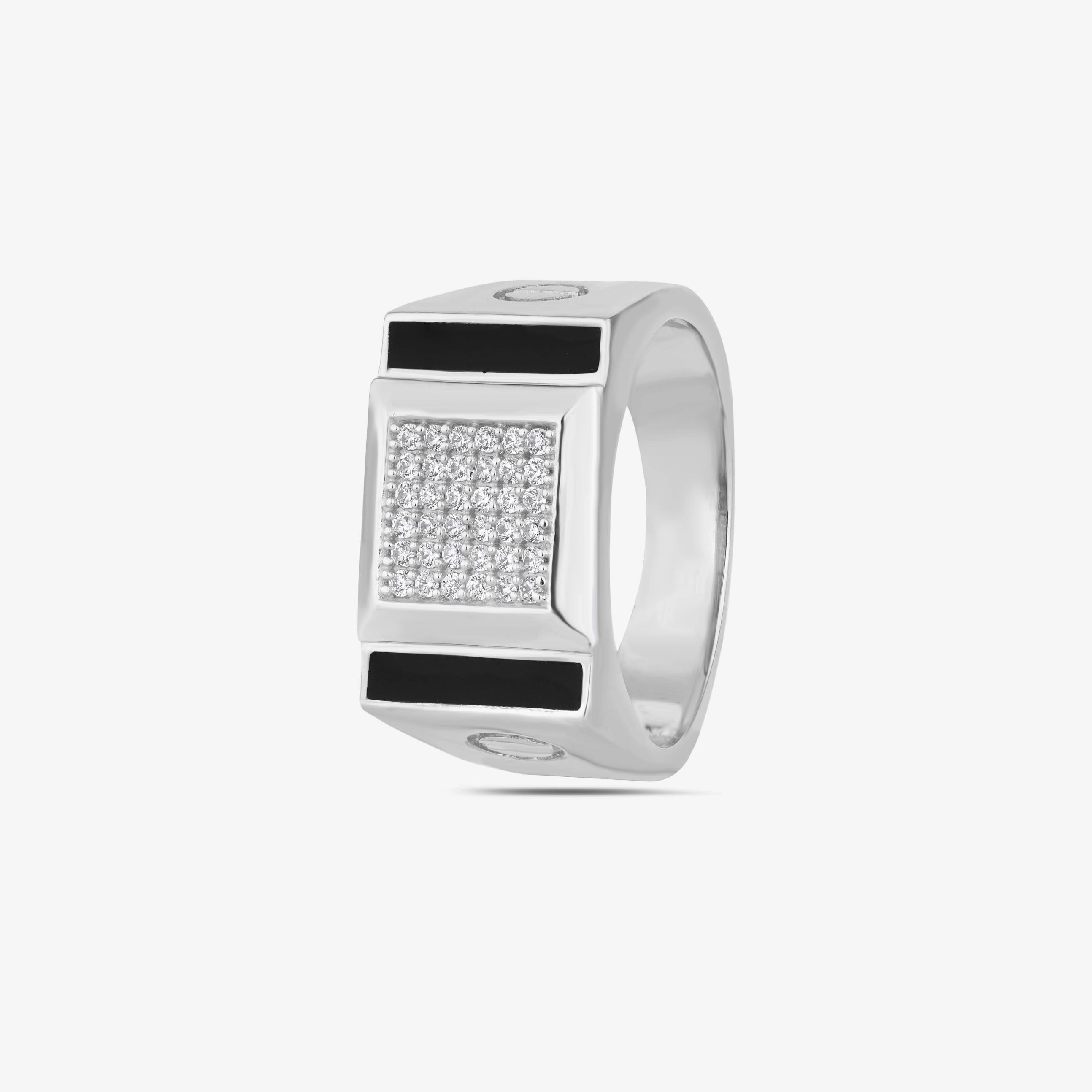 Silver Rectangle Black CZ 925 Sterling Silver Ring for Men
