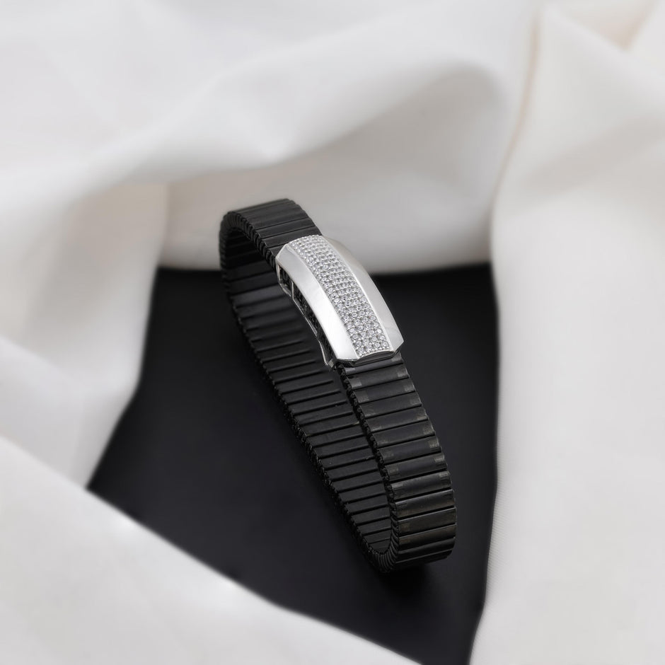 Black Rubber Curved CZ 925 Sterling Silver Bracelet for Men