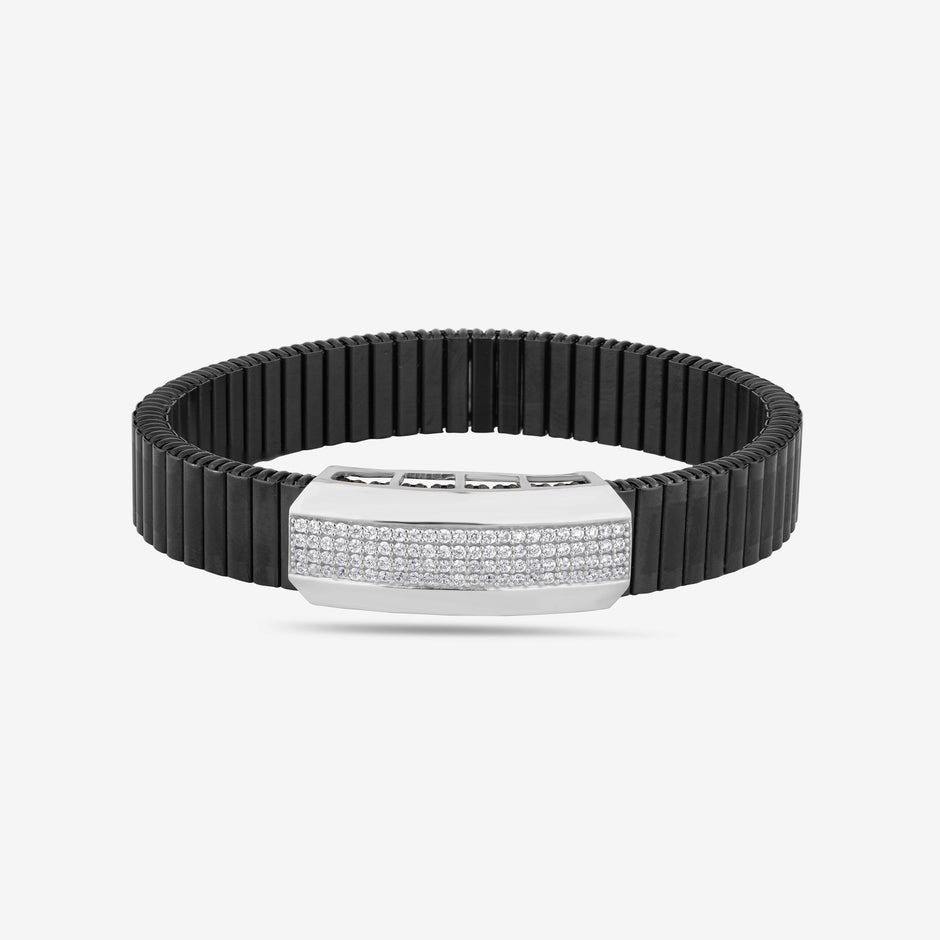 Black Rubber Curved CZ 925 Sterling Silver Bracelet for Men