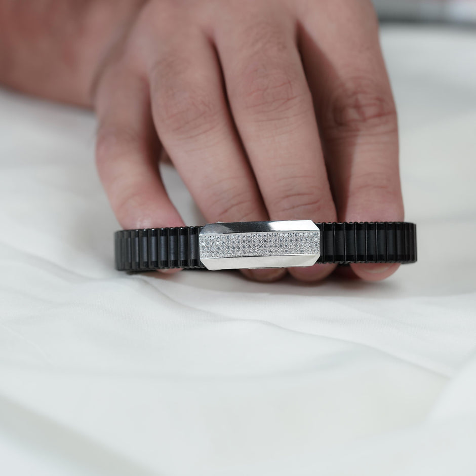 Black Rubber Curved CZ 925 Sterling Silver Bracelet for Men