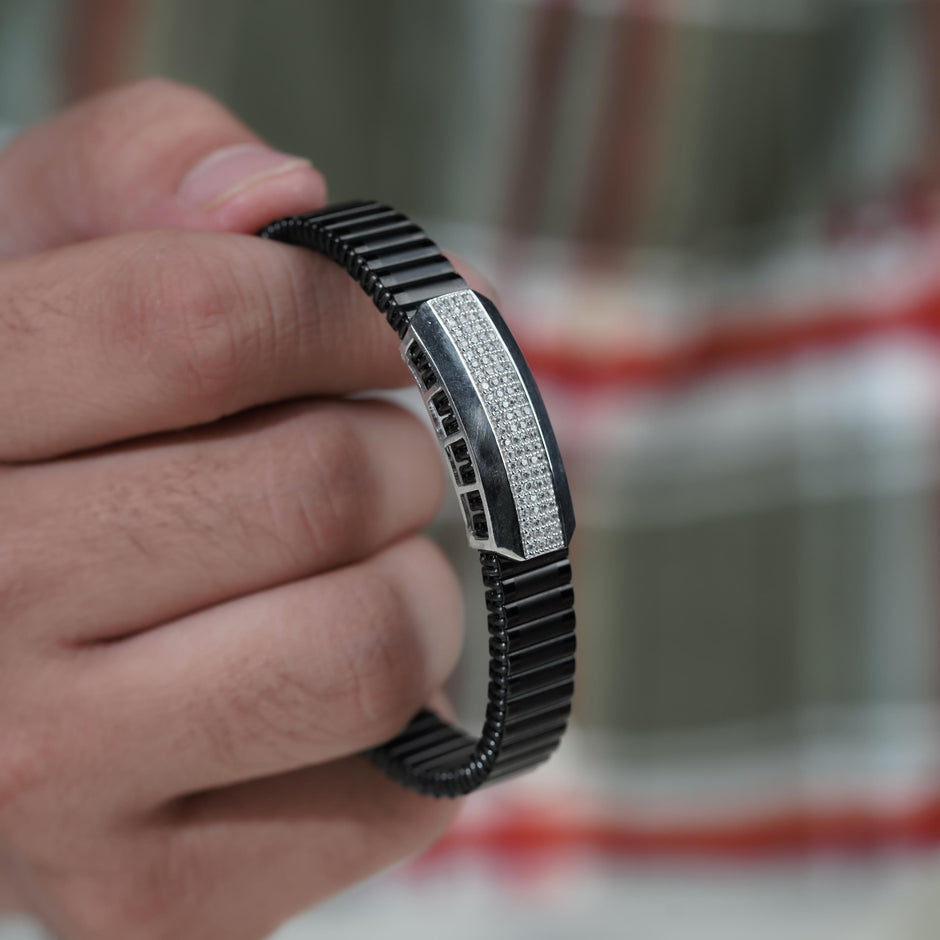 Black Rubber Curved CZ 925 Sterling Silver Bracelet for Men