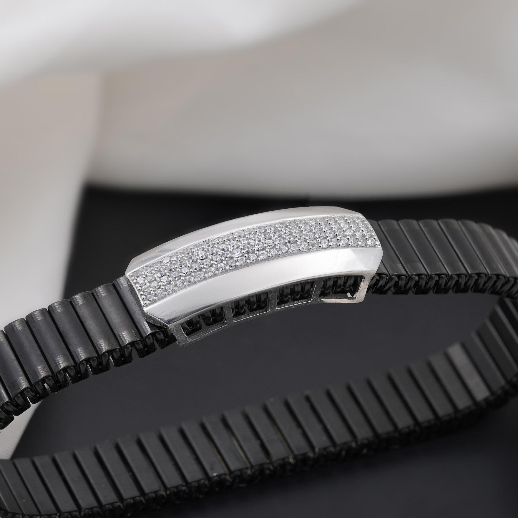 Black Rubber Curved CZ 925 Sterling Silver Bracelet for Men