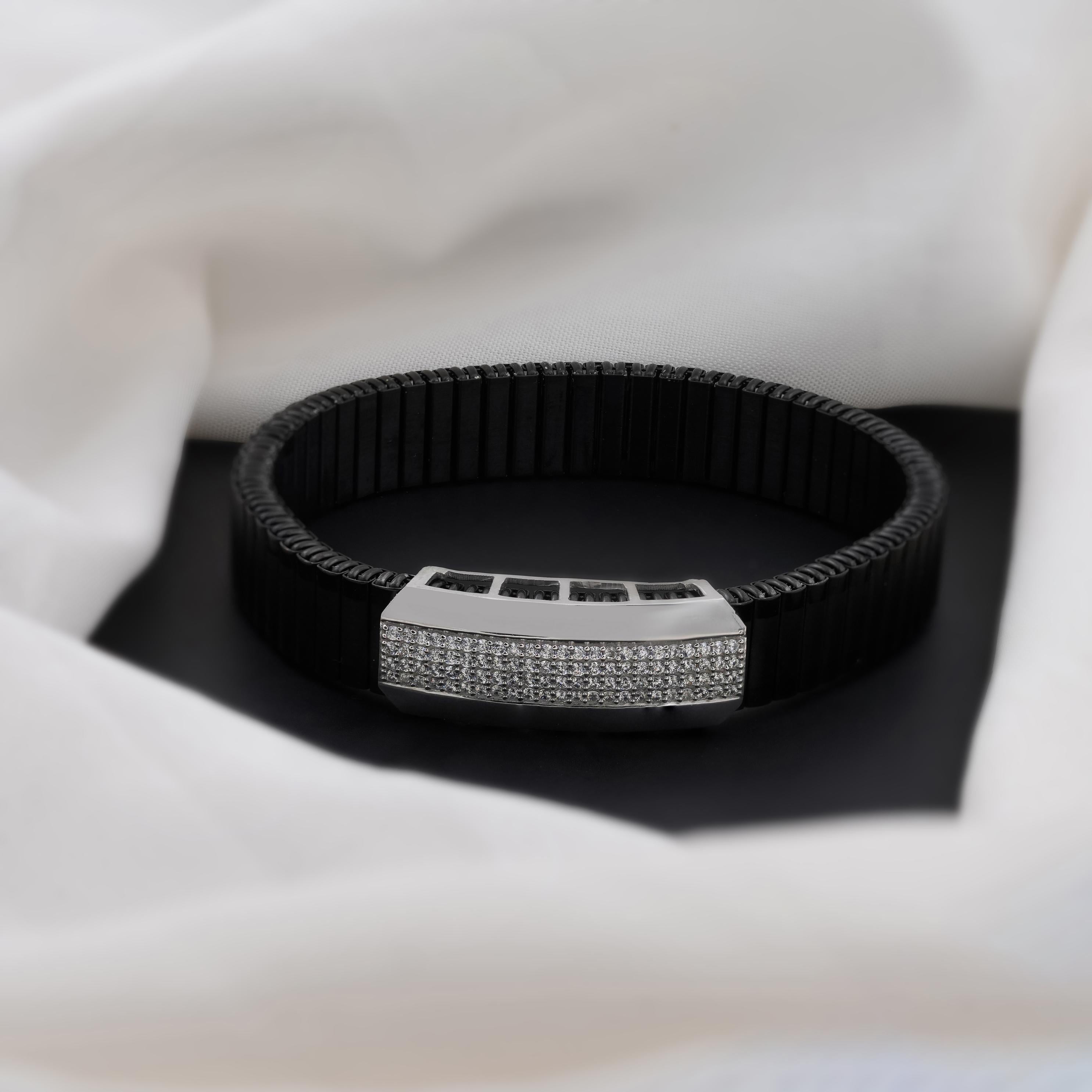 Black Rubber Curved CZ 925 Sterling Silver Bracelet for Men