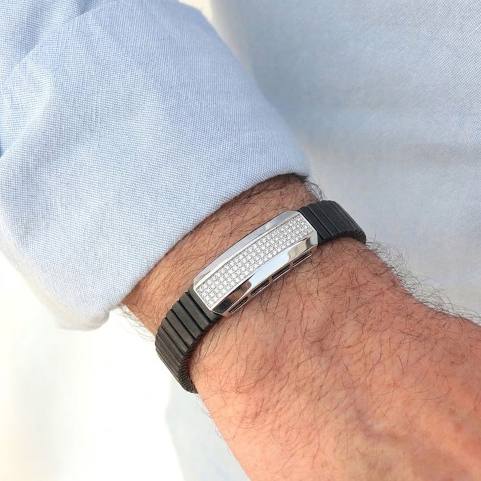 Black Rubber Curved CZ 925 Sterling Silver Bracelet for Men