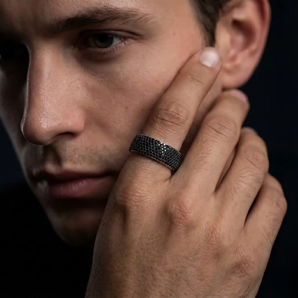 925 Sterling Silver Black Diamond Look Ring for Men – Contemporary Fashion Band